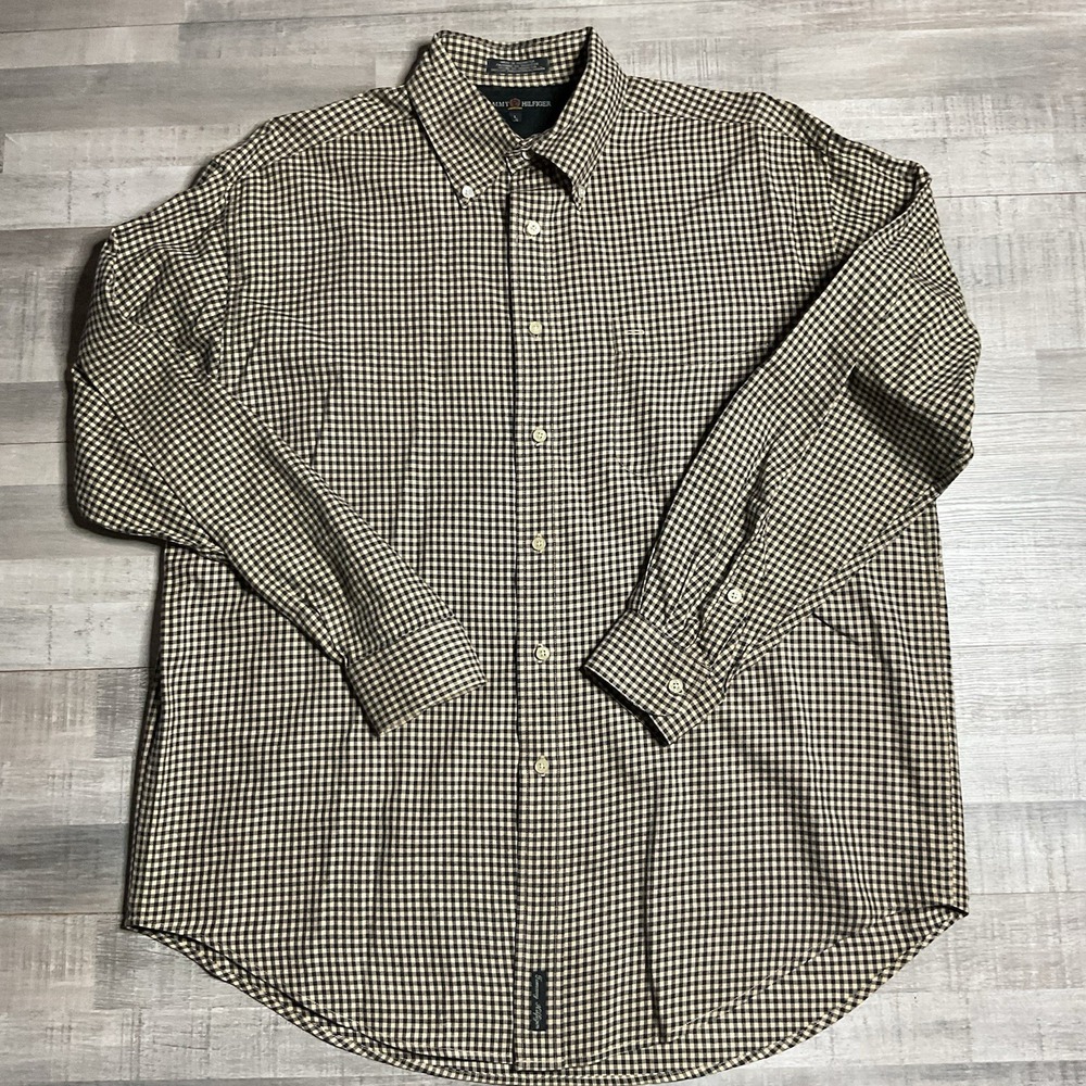 Tommy Hilfiger Long Sleeve Mens Button down Shirt Size L Black & Beige‎ checked